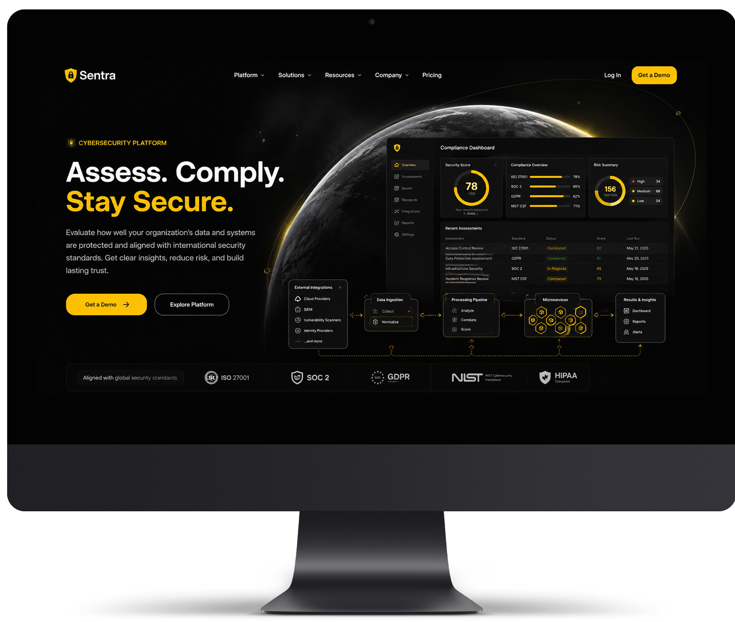 Cybersecurity Platform landing page with compliance dashboard preview, security score, and supported standards